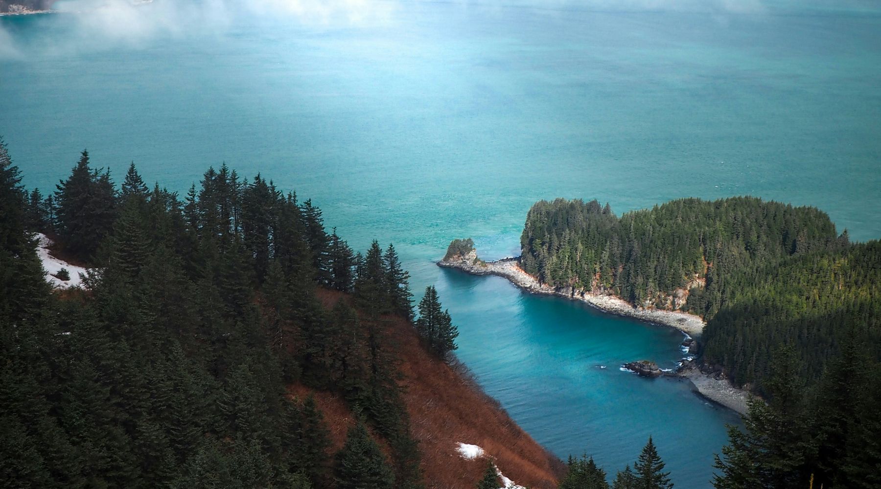 Forested headlands and a small wooded island in turquoise water on the Alaskan coast