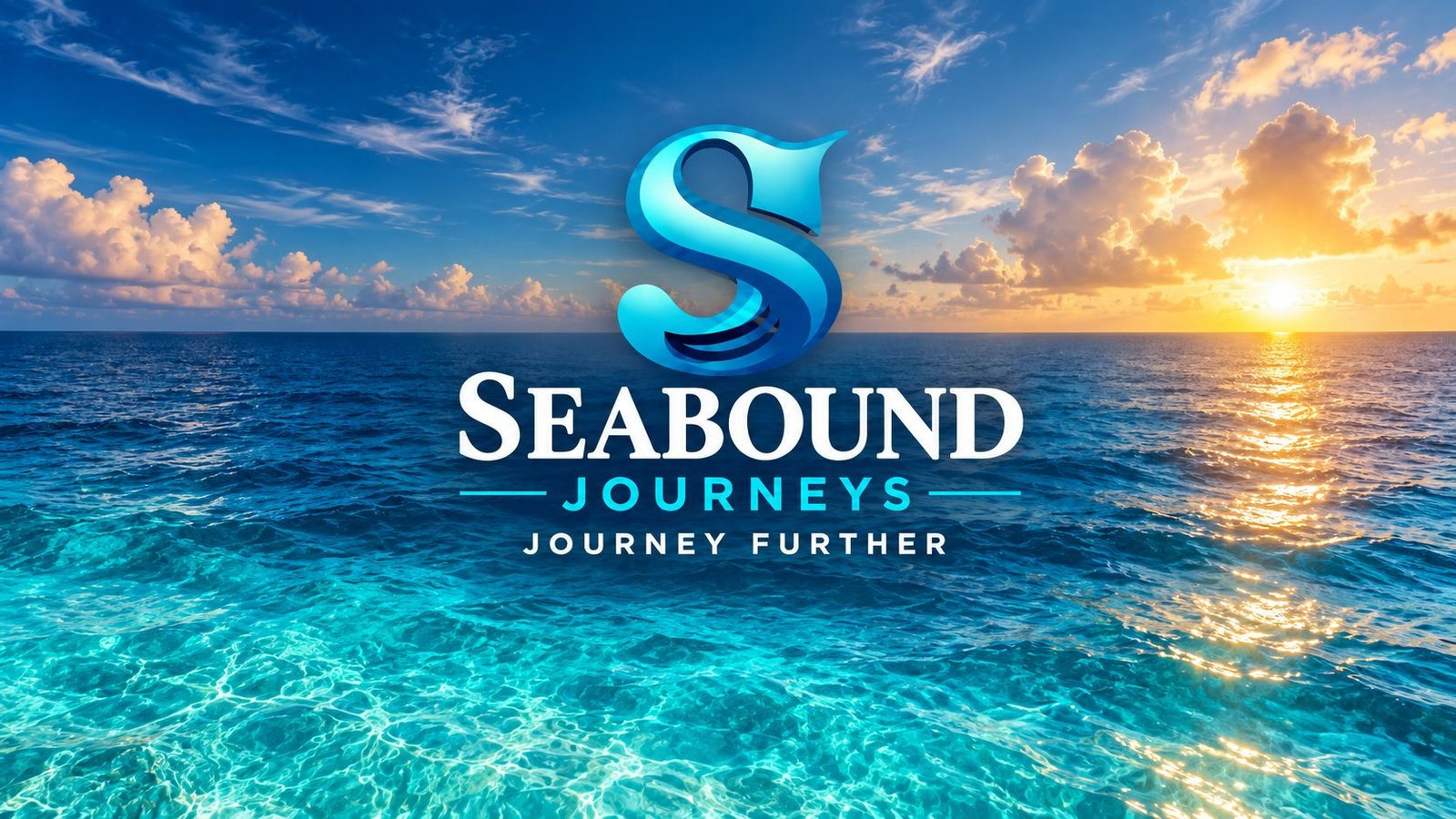 Seabound Journeys — Journey Further. The company logo over open ocean at sunset.