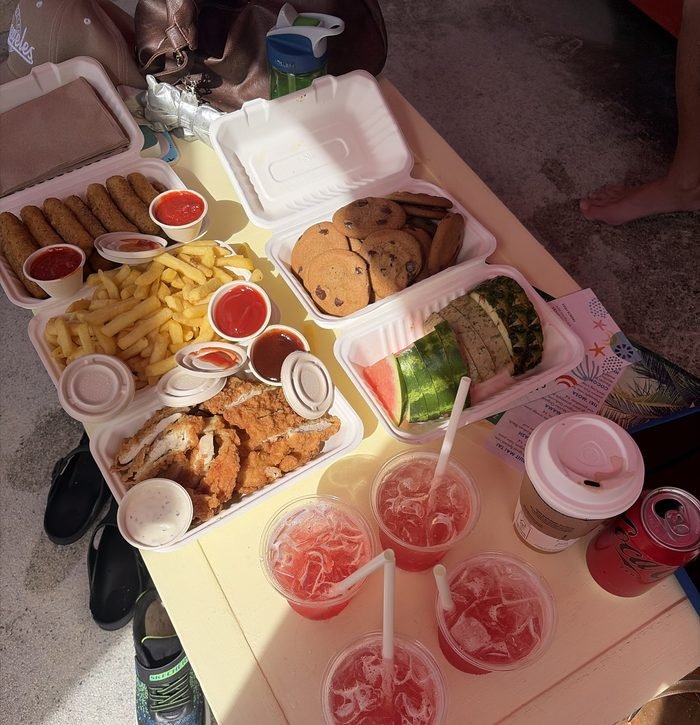 Cabana lunch at CocoCay: cheese sticks, fries, chicken strips, cookies and fruit.